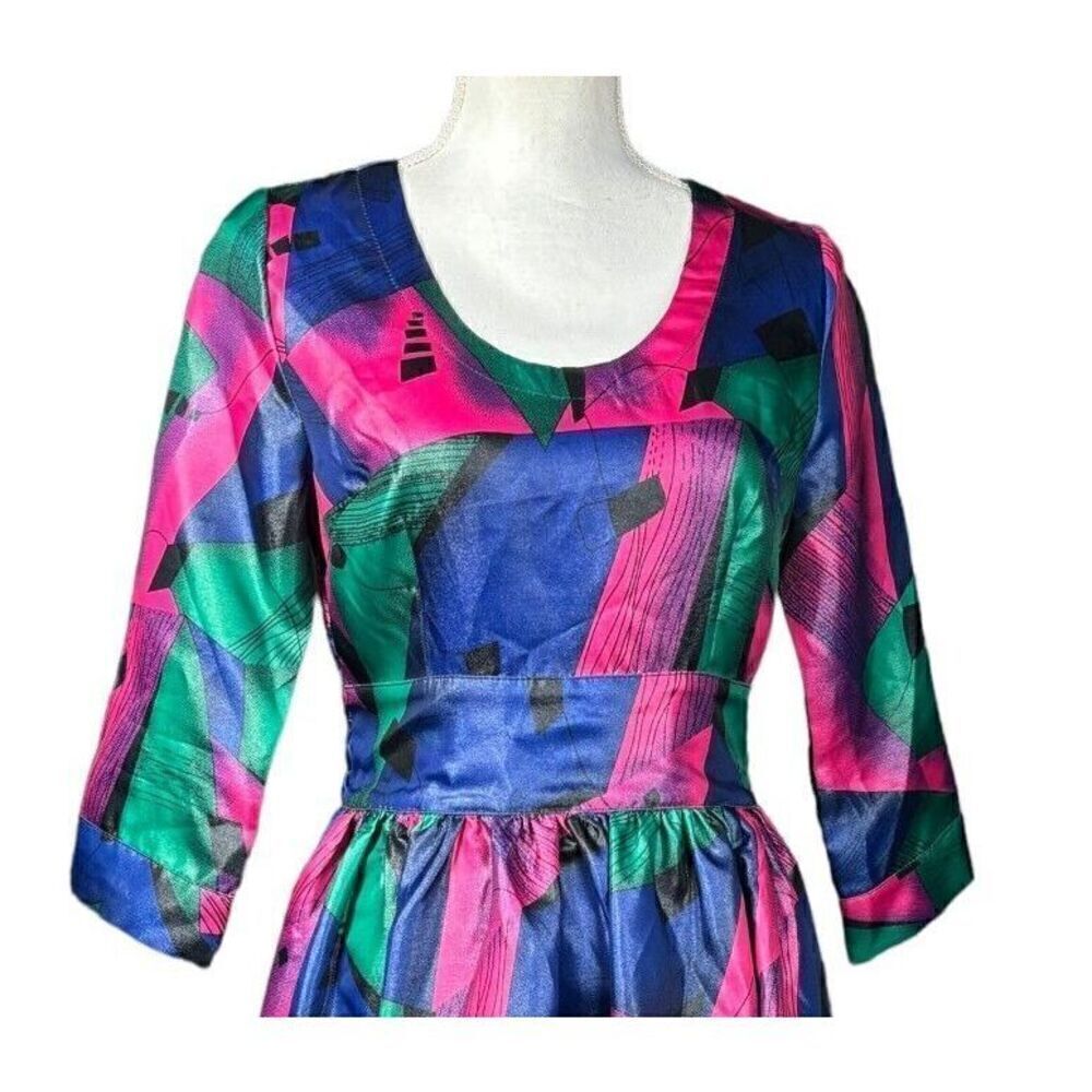 Eien A-Line Midi Dress Size Small Geometric Blue Pink Artsy Vintage Inspired - Picture 4 of 8